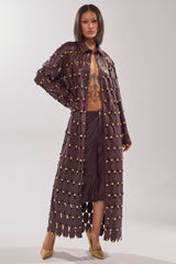 THE SNEAK PEEK STUDDED PU LONG CARDIGAN IN BURGUNDY