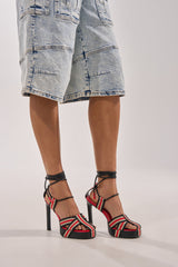 AZALEA WANG ABILENE BLACK MULTI STRIPPED STRAPPY CHUNKY SANDAL