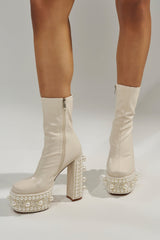 AZALEA WANG ANTARIS BEIGE PEARL DETAIL PLATFORM BOOTIE