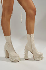AZALEA WANG ANTARIS BEIGE PEARL DETAIL PLATFORM BOOTIE