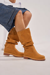 AKIRA GOLD BARTLETT TAN FLAT RUCHED BOOTIE