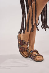 AKIRA BAYLEAVES BROWN SNAKE EMBELLISHED FLAT SLIP ON SANDAL