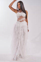 FELT CUTE RUFFLE MAXI DRESS WITH FLORAL APPLIQUES