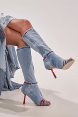AZALEA WANG EMIRA DENIM STILETTO OPEN TOE BOOT