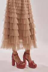AZALEA WANG EUGENIJA RED CHUNKY EMBELLISHED STUDDED SANDAL