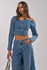 SHAKE IT OFF DENIM OFF THE SHOULDER TOP
