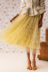 STARS ALIGNED MESH RUFFLE MAXI SKIRT IN BABY YELLOW