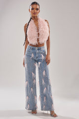 SHAKE IT FOR ME GIRL PINK FEATHER EMBELLISHED DENIM