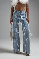 SHAKE IT FOR ME GIRL WHITE FEATHER EMBELLISHED DENIM