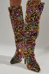 AZALEA WANG JIMENA MULTI GOLD SEQUIN KNEE HIGH STILETTO BOOT