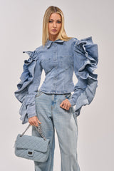 DREA RUFFLE SLEEVE DENIM BUTTON DOWN