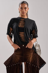 SLASHED UP OVERSIZED SHORT SLEEVE TEE IN BLACK