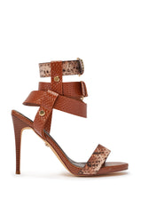 AKIRA GOLD KADINKSY COGNAC MULTI SNAKE MATERIAL STILETTO SANDAL