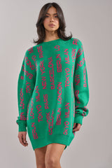 AROUND THE WORLD SWEATER MINI DRESS IN GREEN