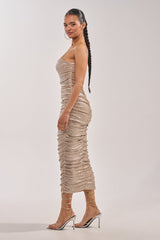 KILL THE LIGHTS STRAPLESS RHINESTONE MIDI DRESS IN CHAMPAGNE