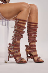 AZALEA WANG STITCH BROWN PU HARDWARE EMBELLISHED STILETTO SANDAL