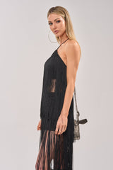 ON THE EDGE FRINGE HALTER TOP IN BLACK