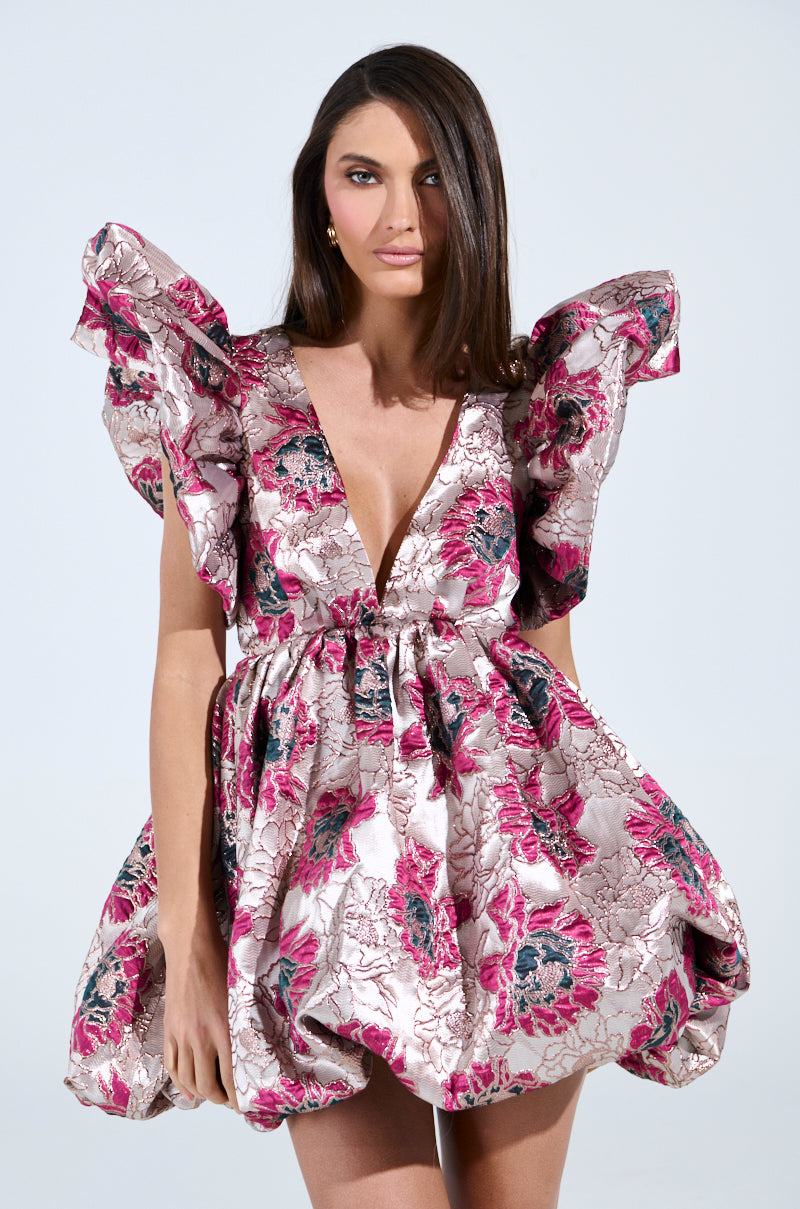 MAIN CHARACTER ENERGY BROCADE MINI DRESS IN SILVER