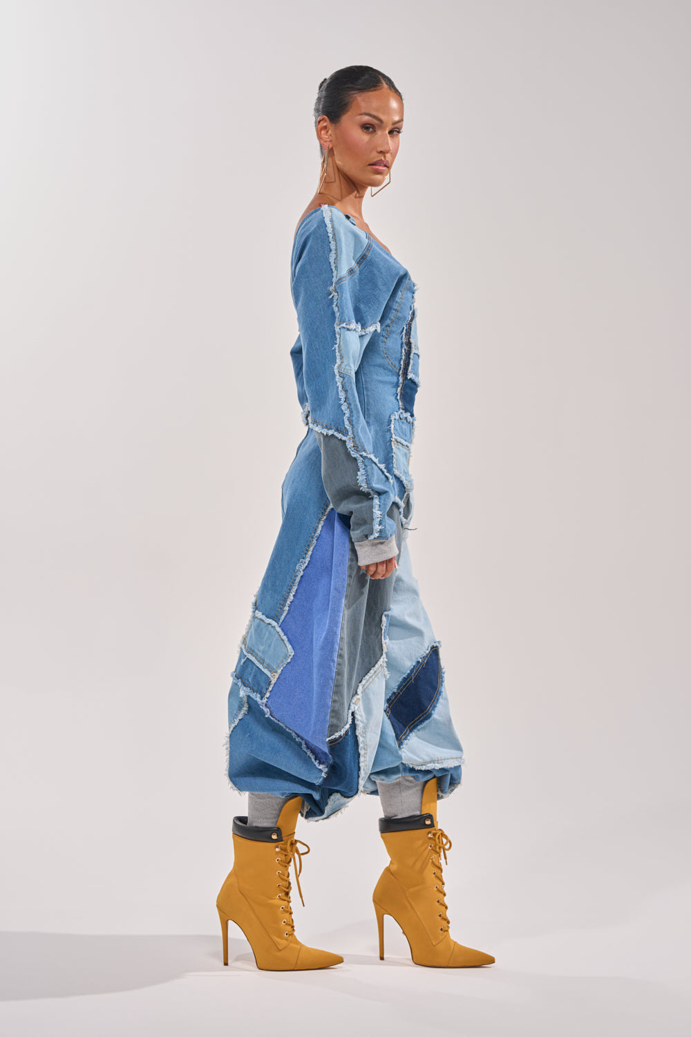 COMFY COZY JUMPSUIT IN DENIM PATCHWORK