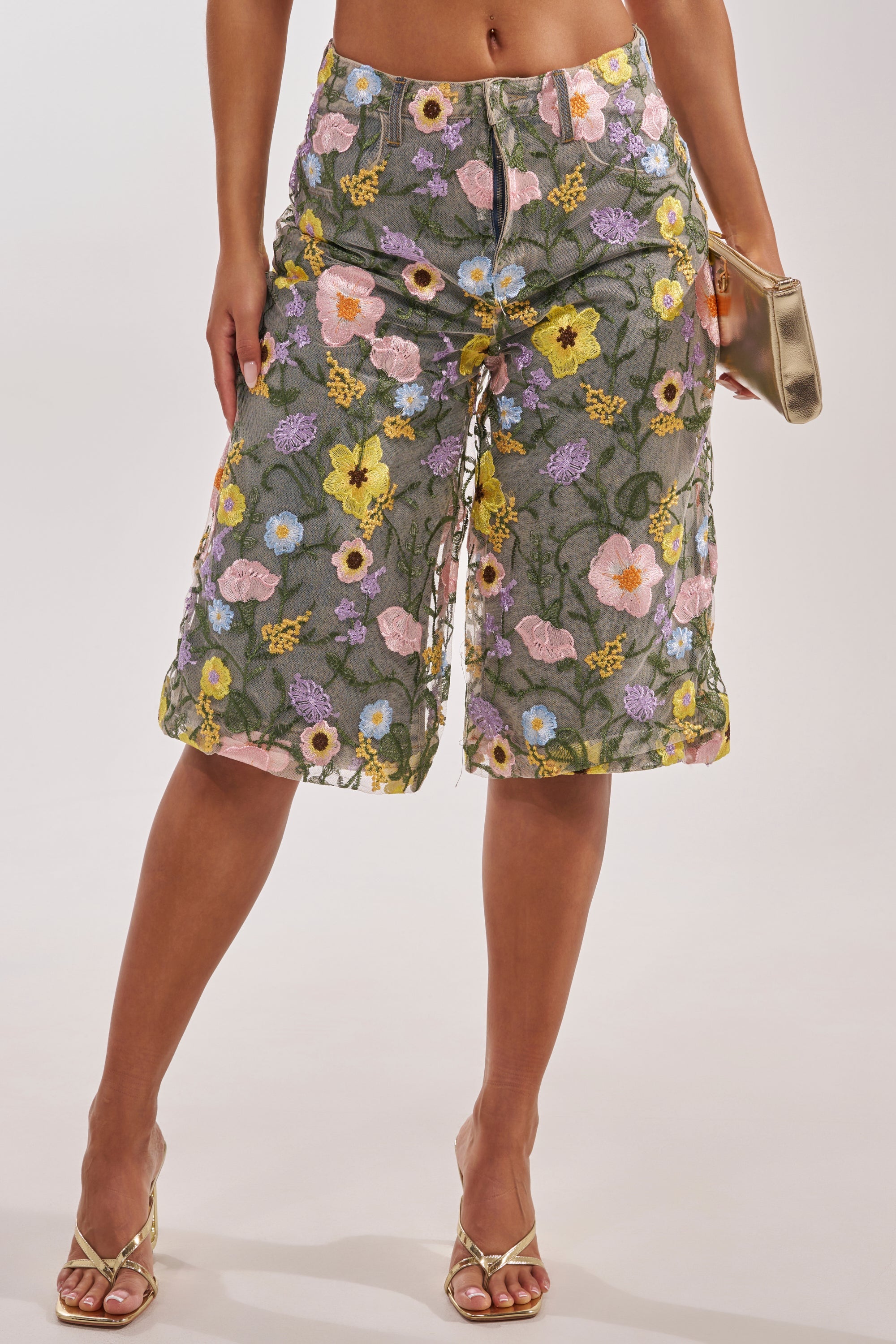 GARDEN PARTY STRETCH DENIM WITH FLORAL TULLE BERMUDA SHORTS