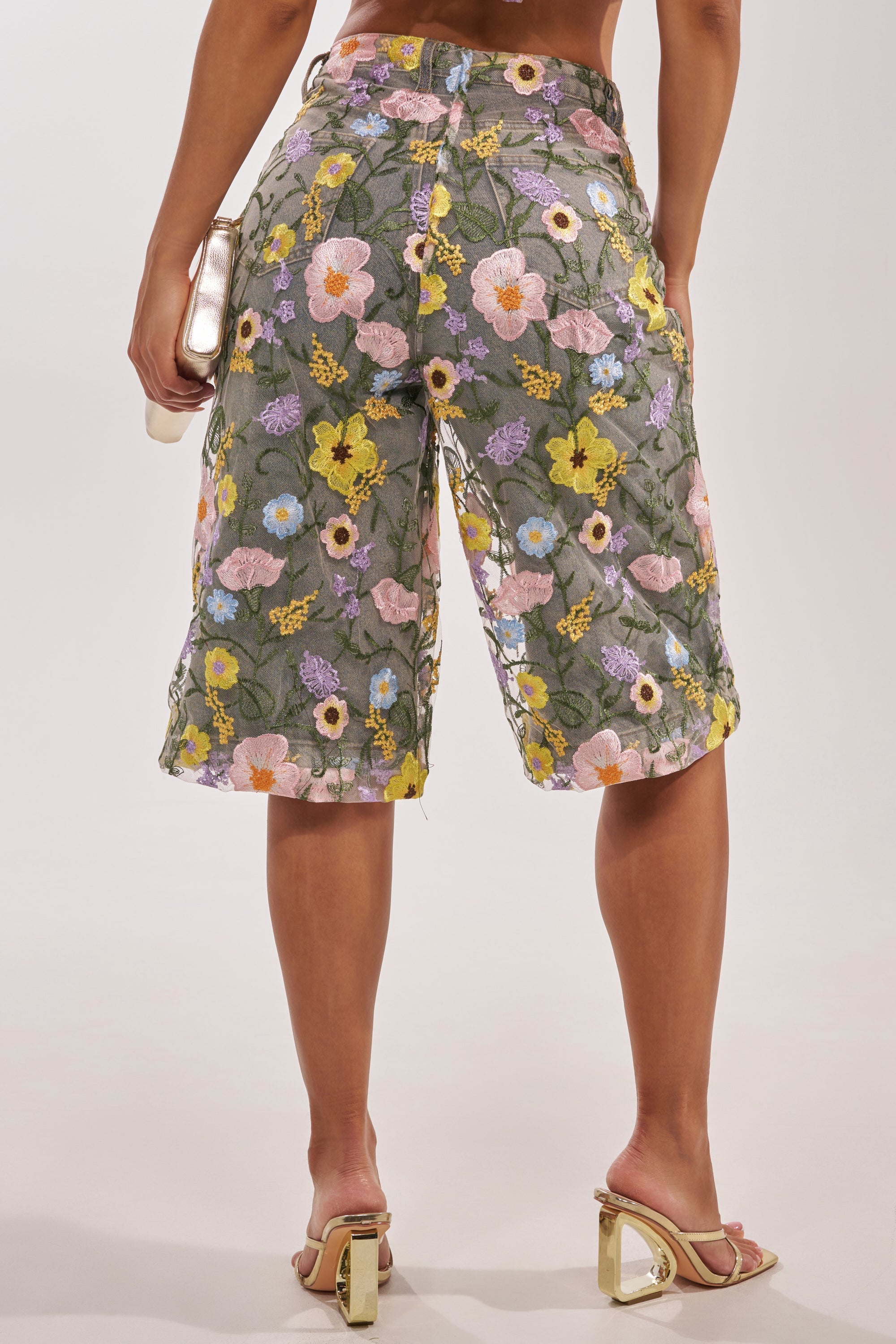 GARDEN PARTY STRETCH DENIM WITH FLORAL TULLE BERMUDA SHORTS