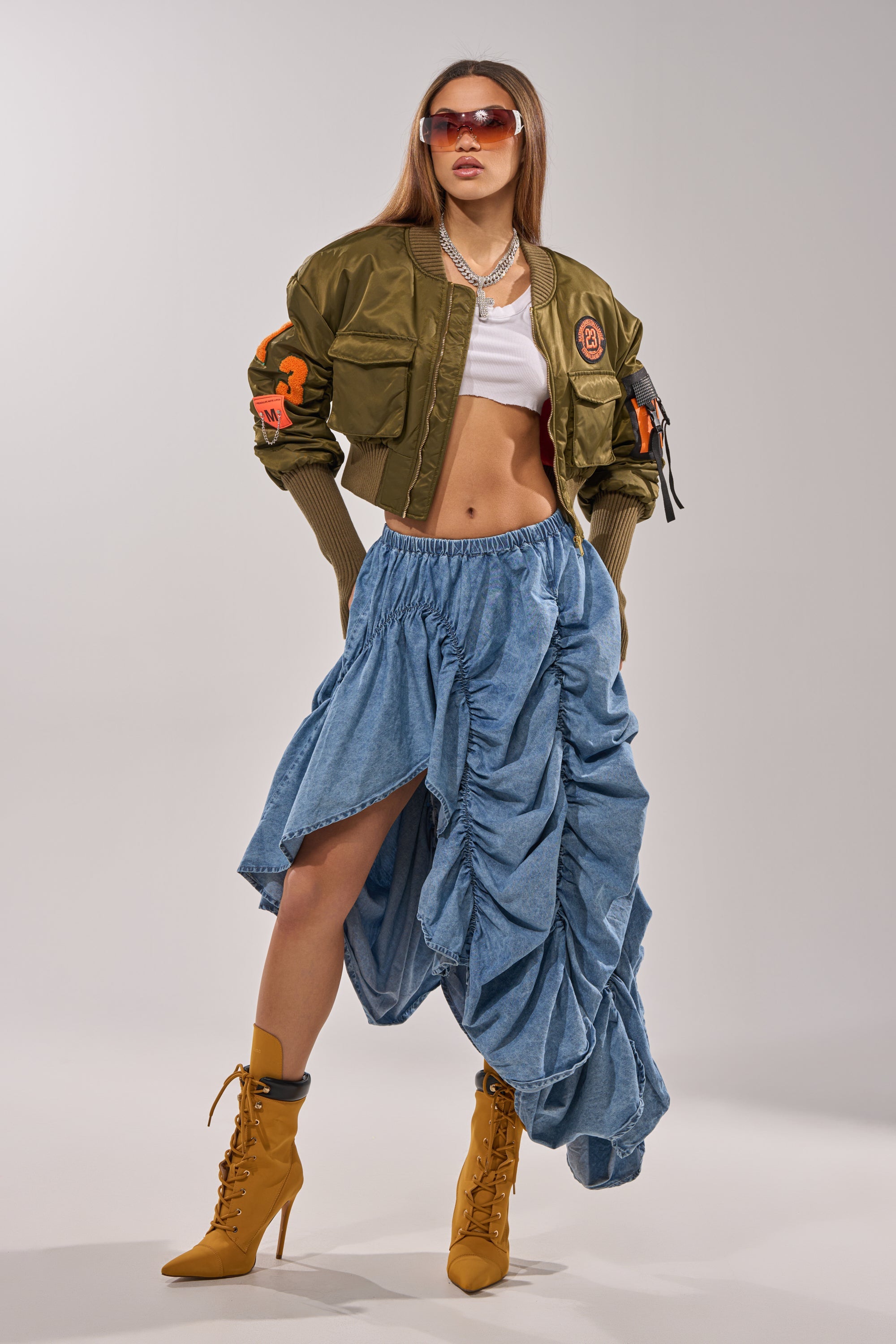 LETS CHANGE IT UP RUCHED MIDI SKIRT IN CHAMBRAY