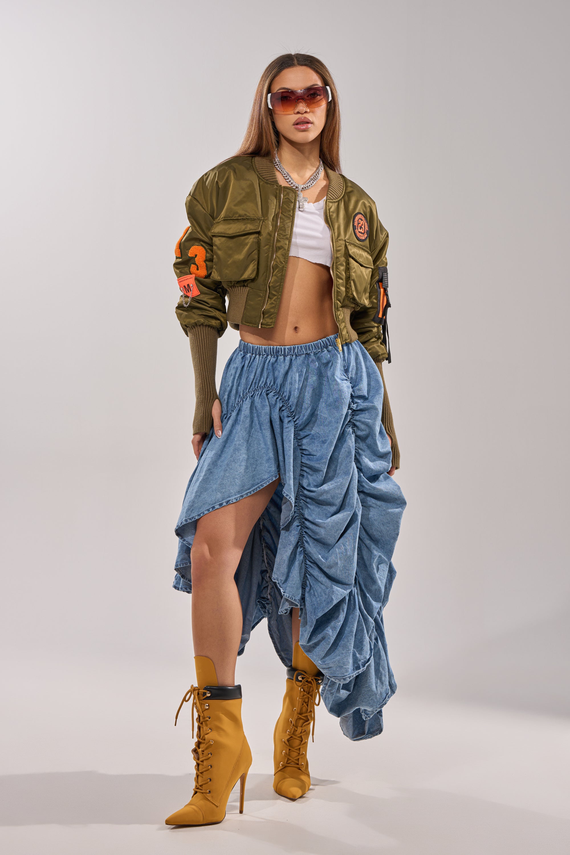 LETS CHANGE IT UP RUCHED MIDI SKIRT IN CHAMBRAY
