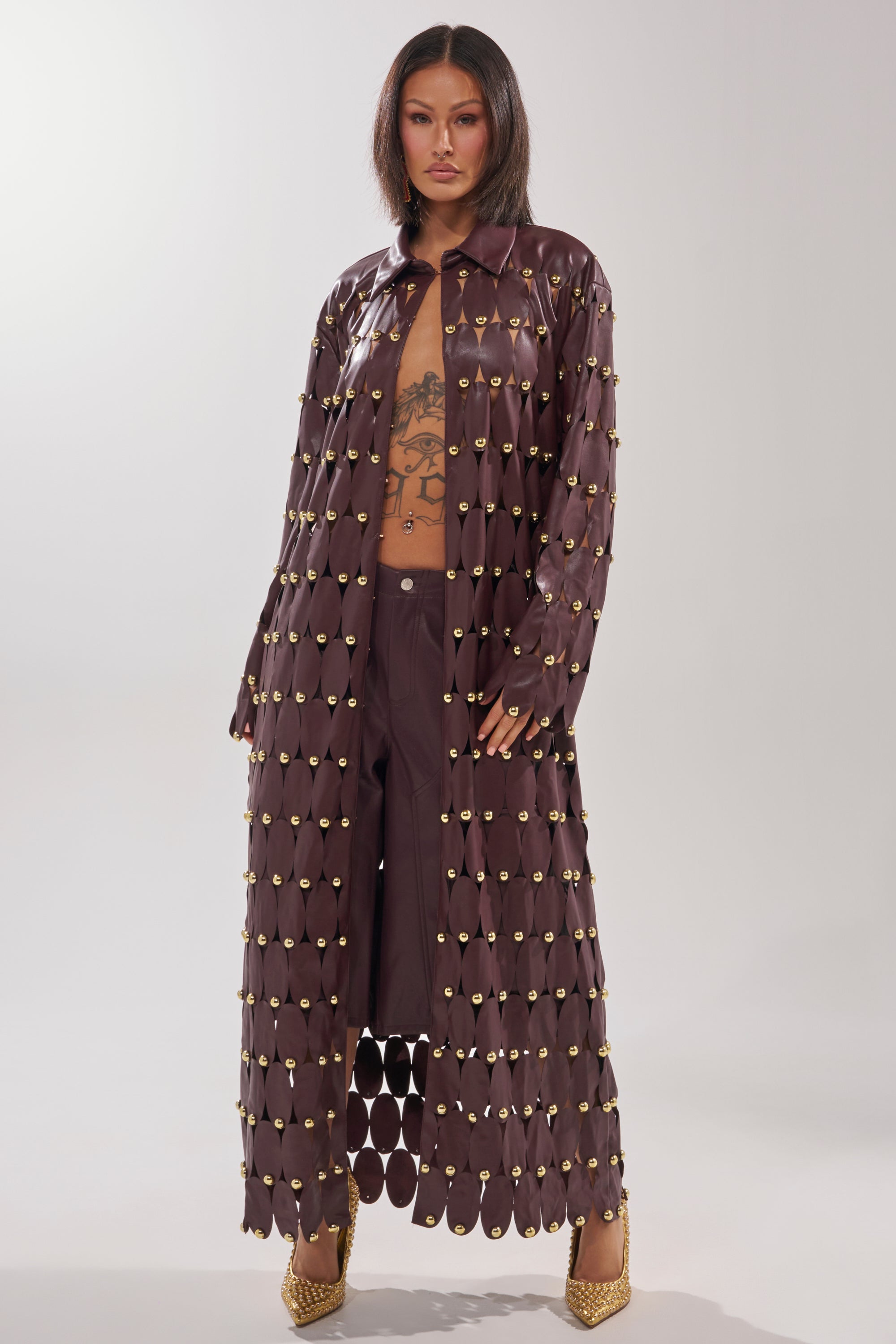 THE SNEAK PEEK STUDDED PU LONG CARDIGAN IN BURGUNDY