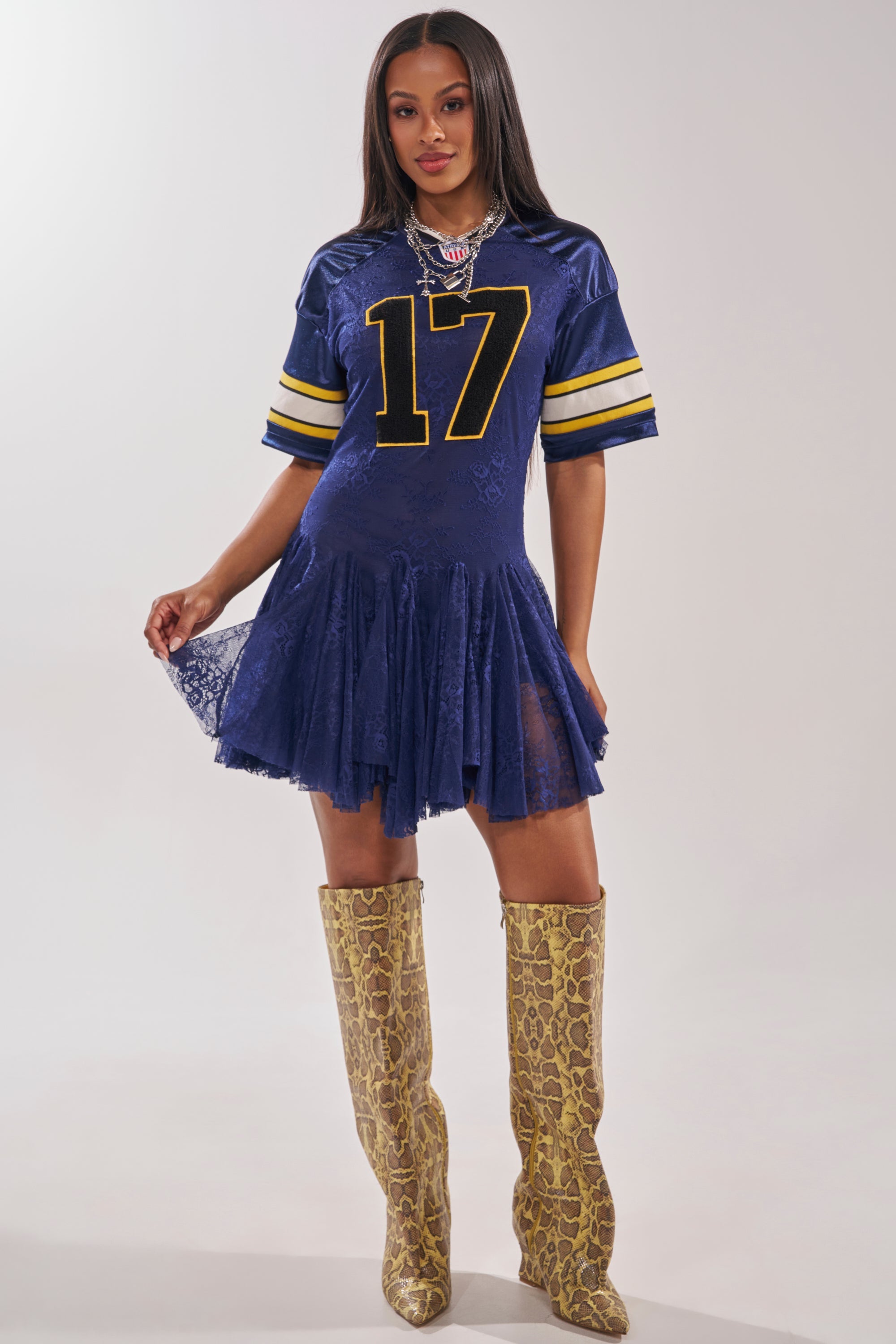 VARSITY BLUES LACE MINI DRESS