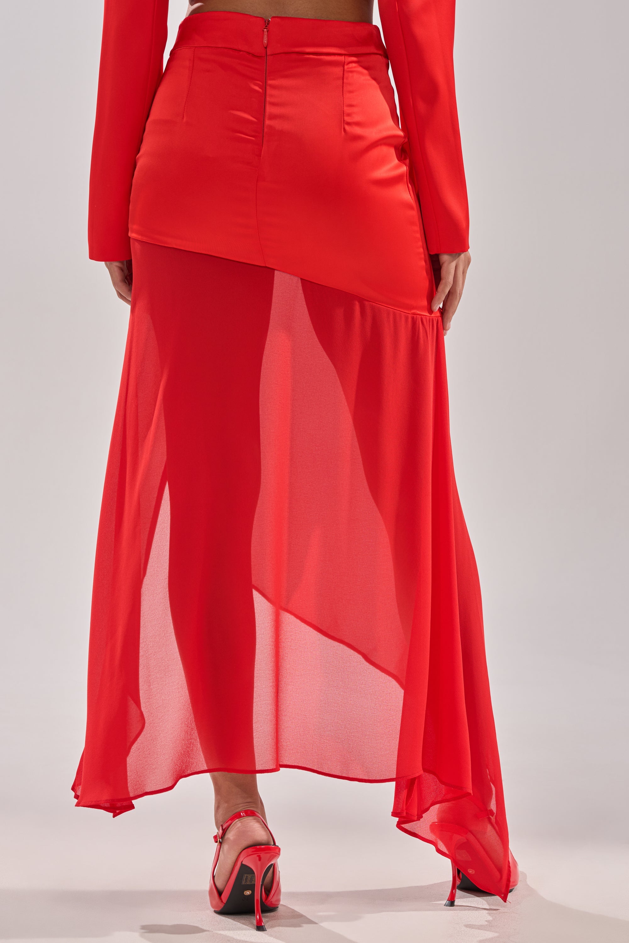 RED HOT ASYMMETRICAL MIDI SKIRT