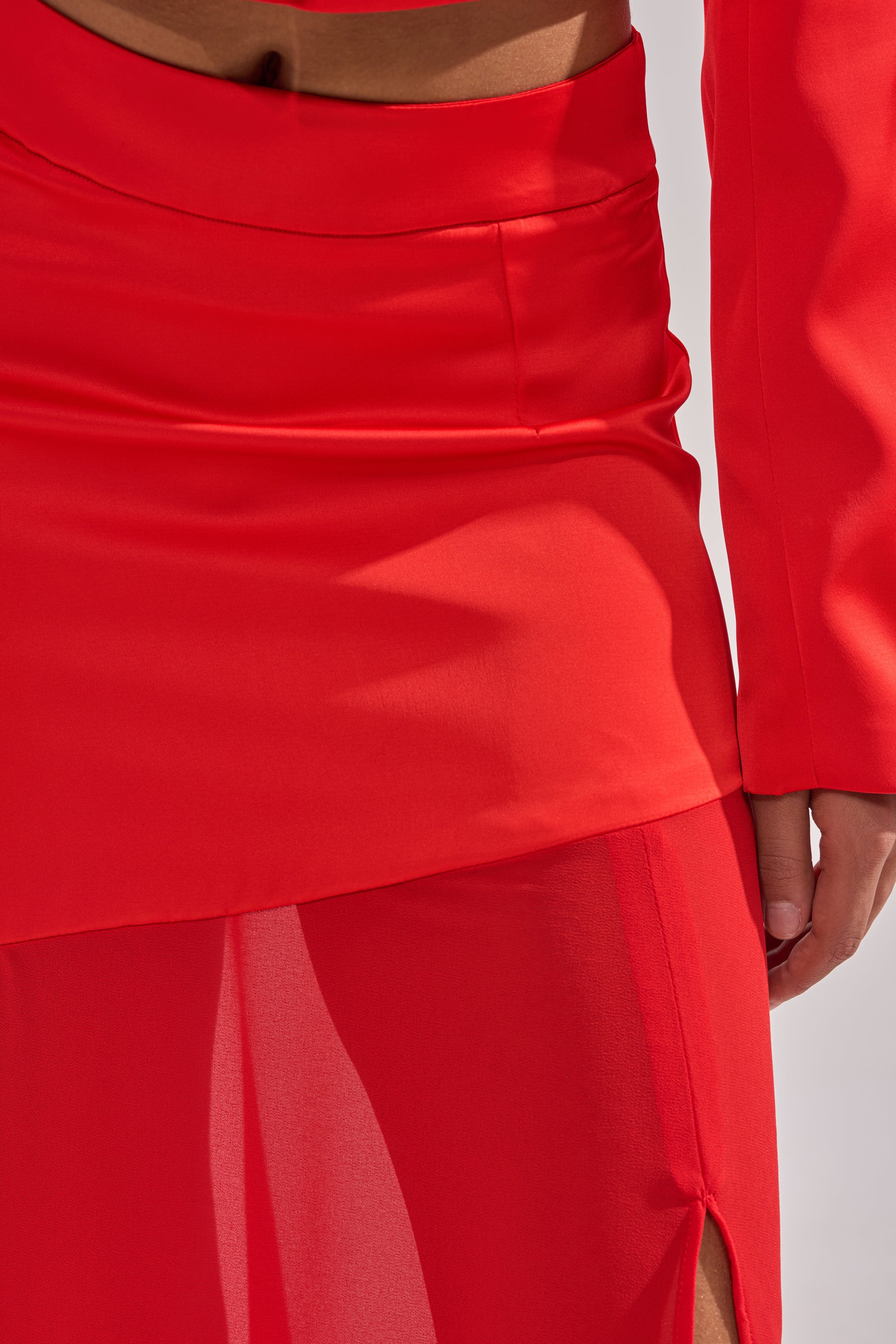 RED HOT ASYMMETRICAL MIDI SKIRT