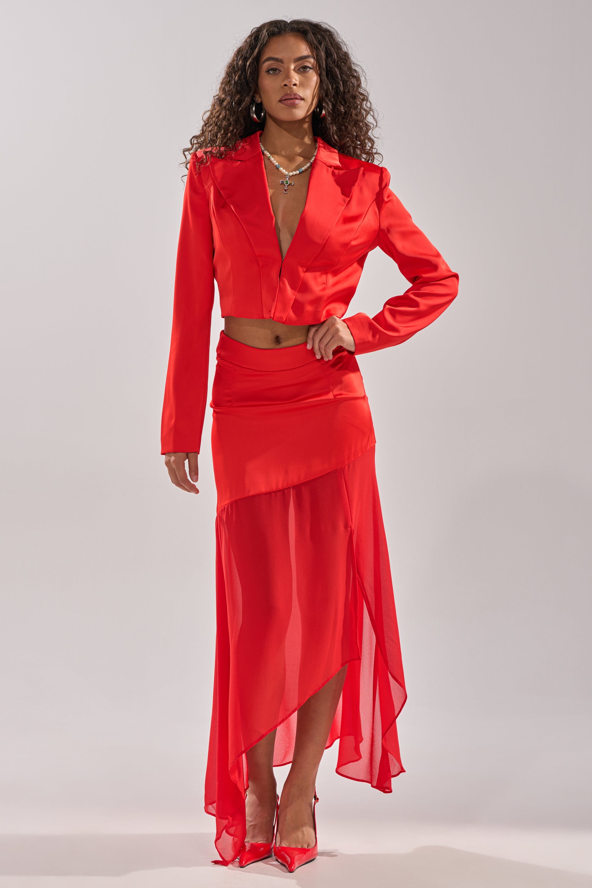RED HOT ASYMMETRICAL MIDI SKIRT