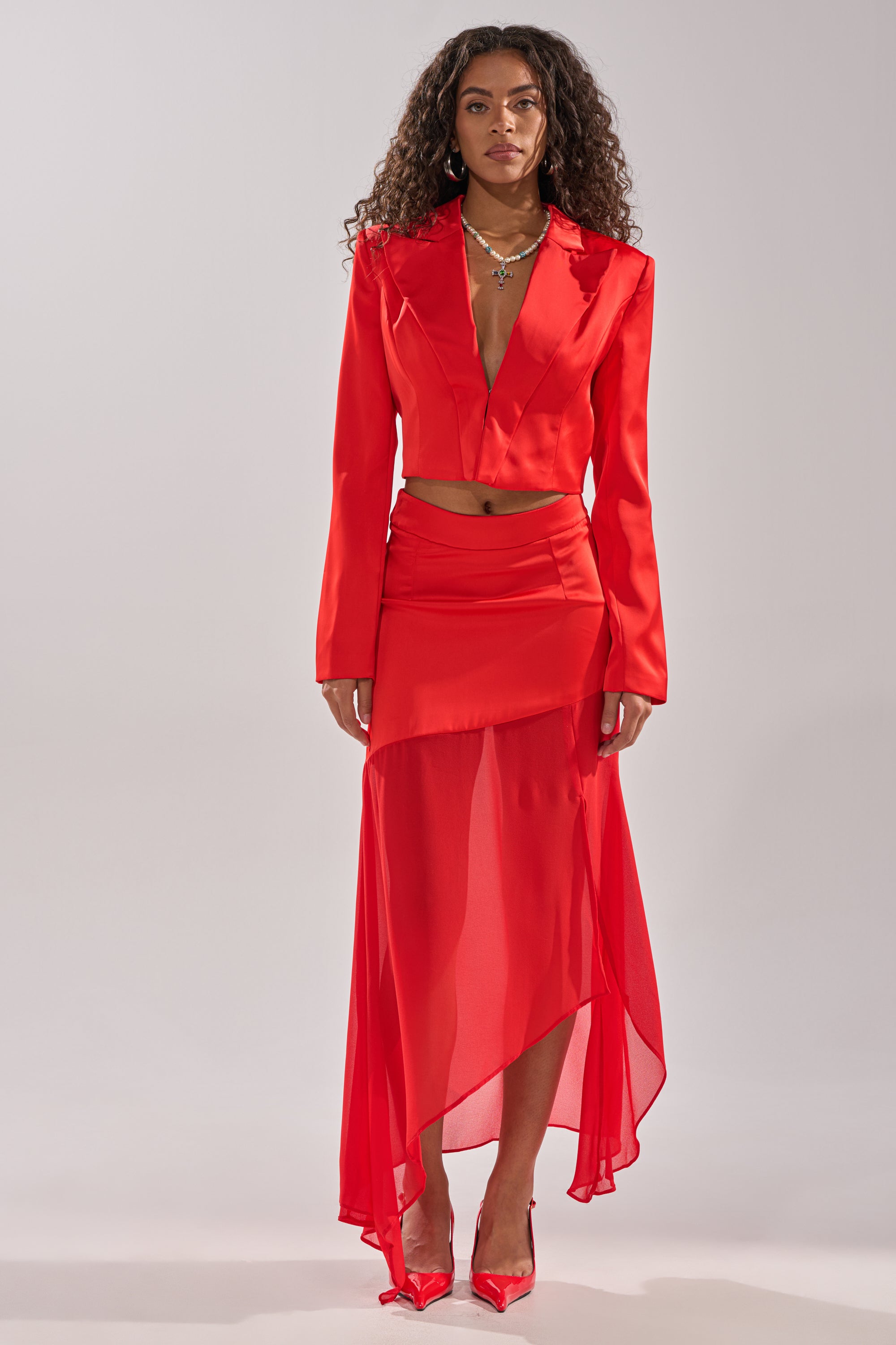 RED HOT CROPPED SATIN BLAZER