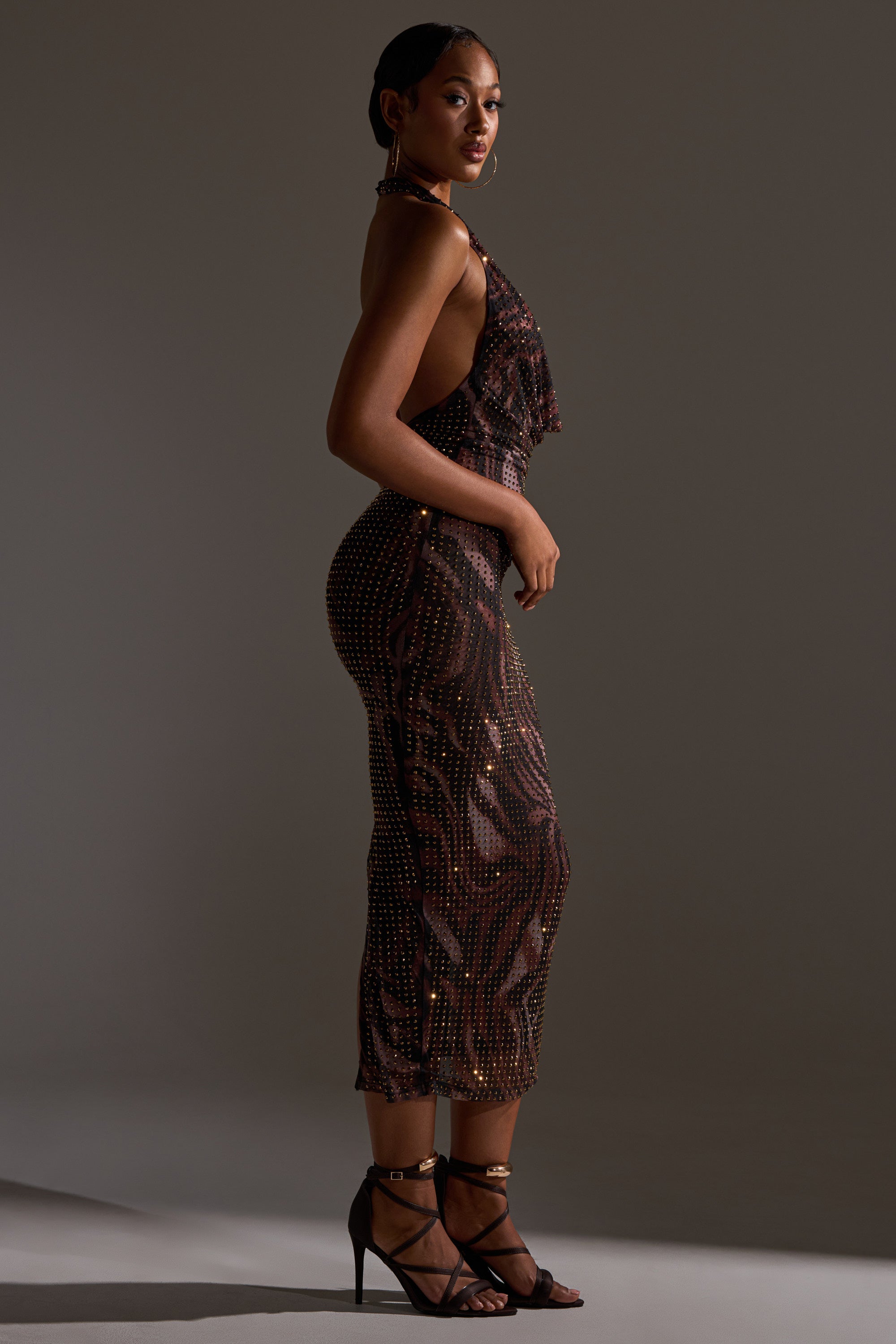 LENNON PRINTED MESH RHINESTONE MIDI DRESS