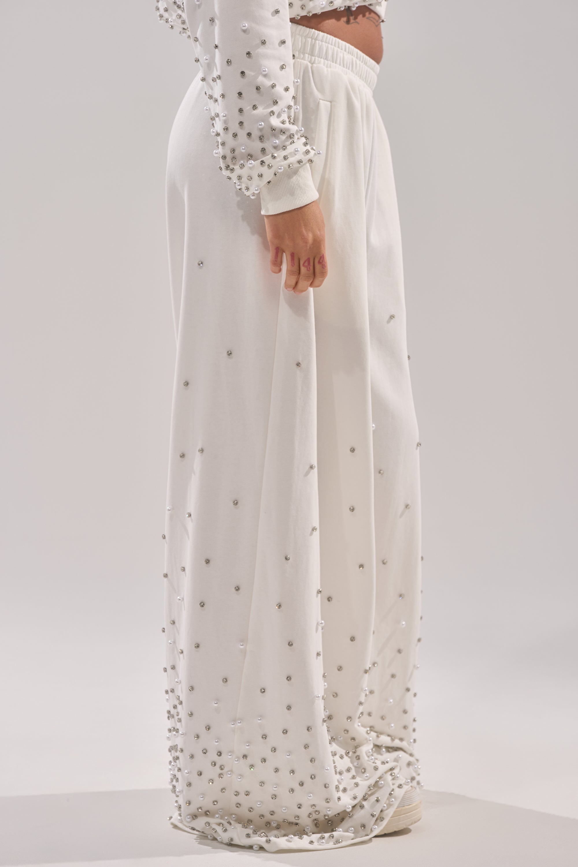 ALL IN WHITE RHINESTONE WIDE LEG JOGGER
