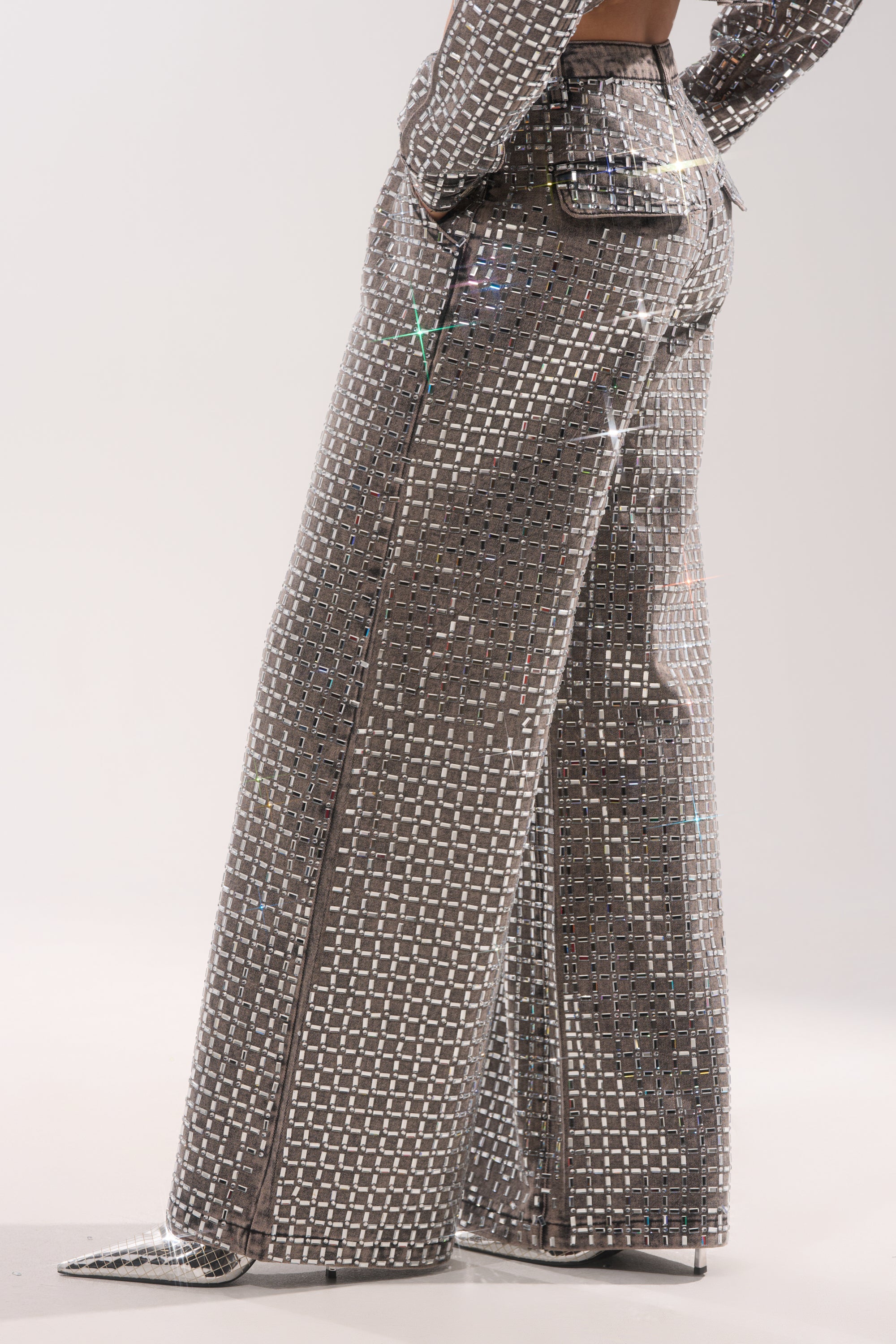 PICK N CHOOSE RHINESTONE WIDE LEG DENIM IN GREY