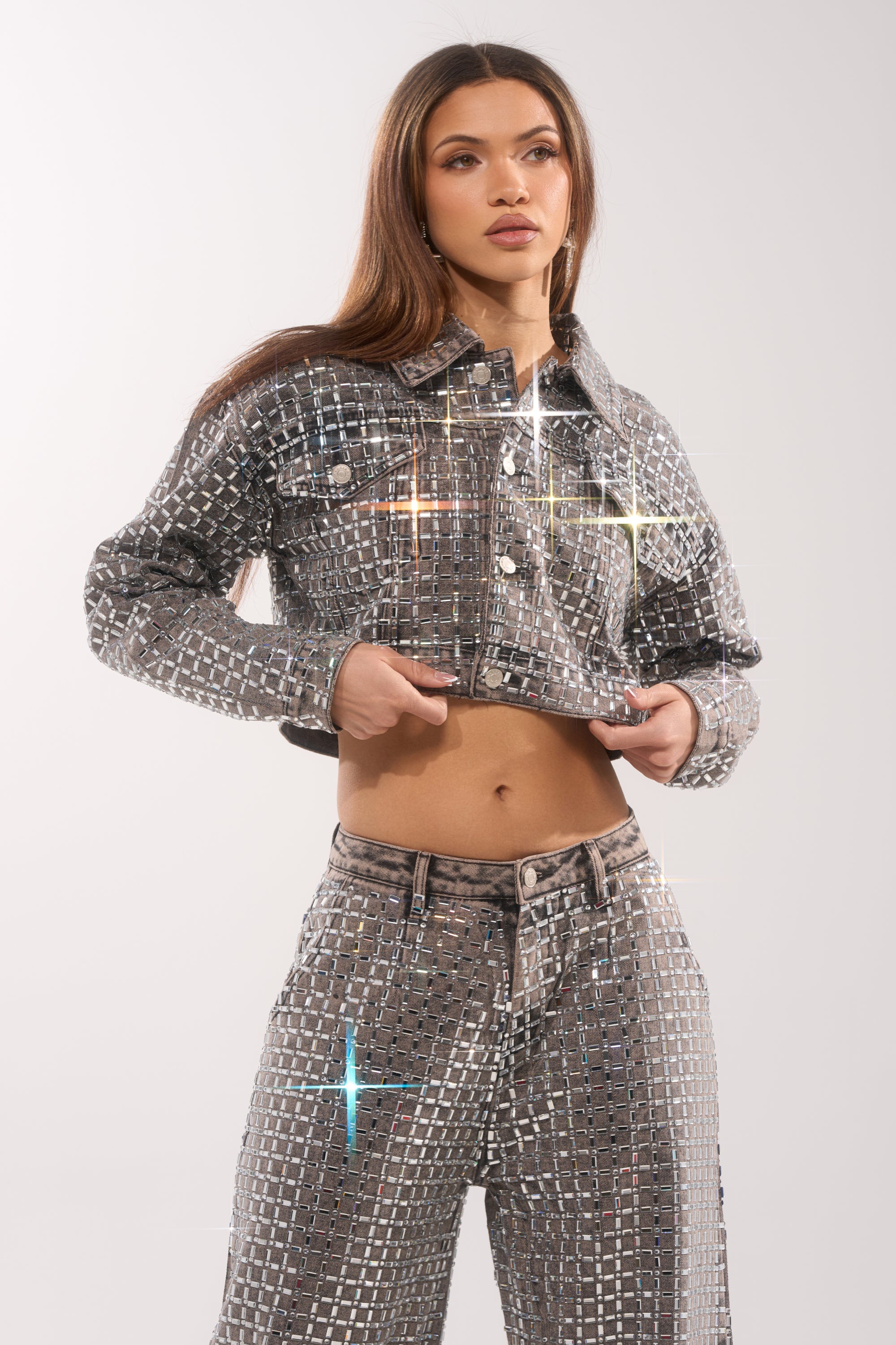 PICK N CHOOSE RHINESTONE DENIM JACKET IN GREY