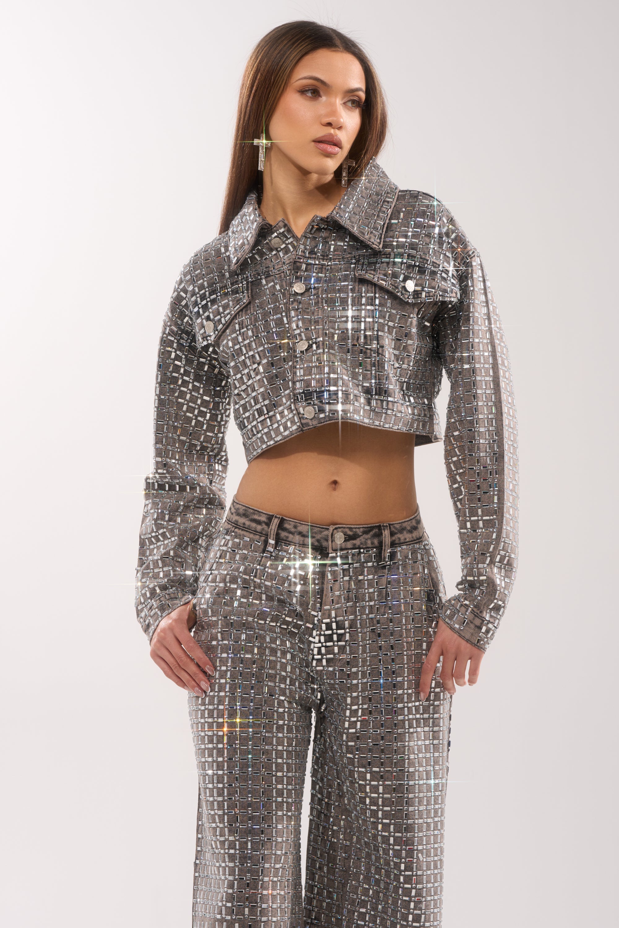 PICK N CHOOSE RHINESTONE DENIM JACKET IN GREY