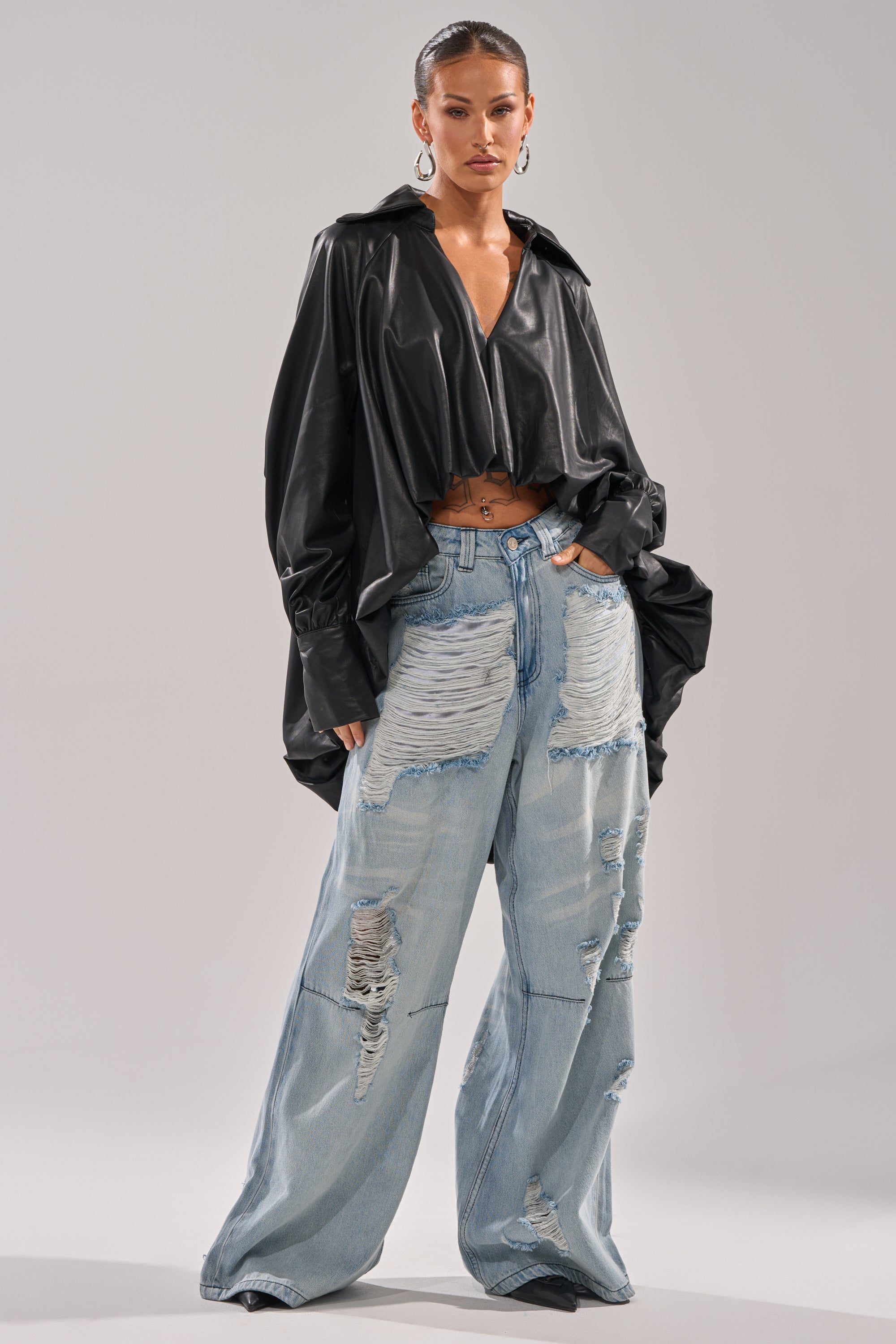 NEW ATTITUDE FAUX LEATHER HI-LOW BLOUSE