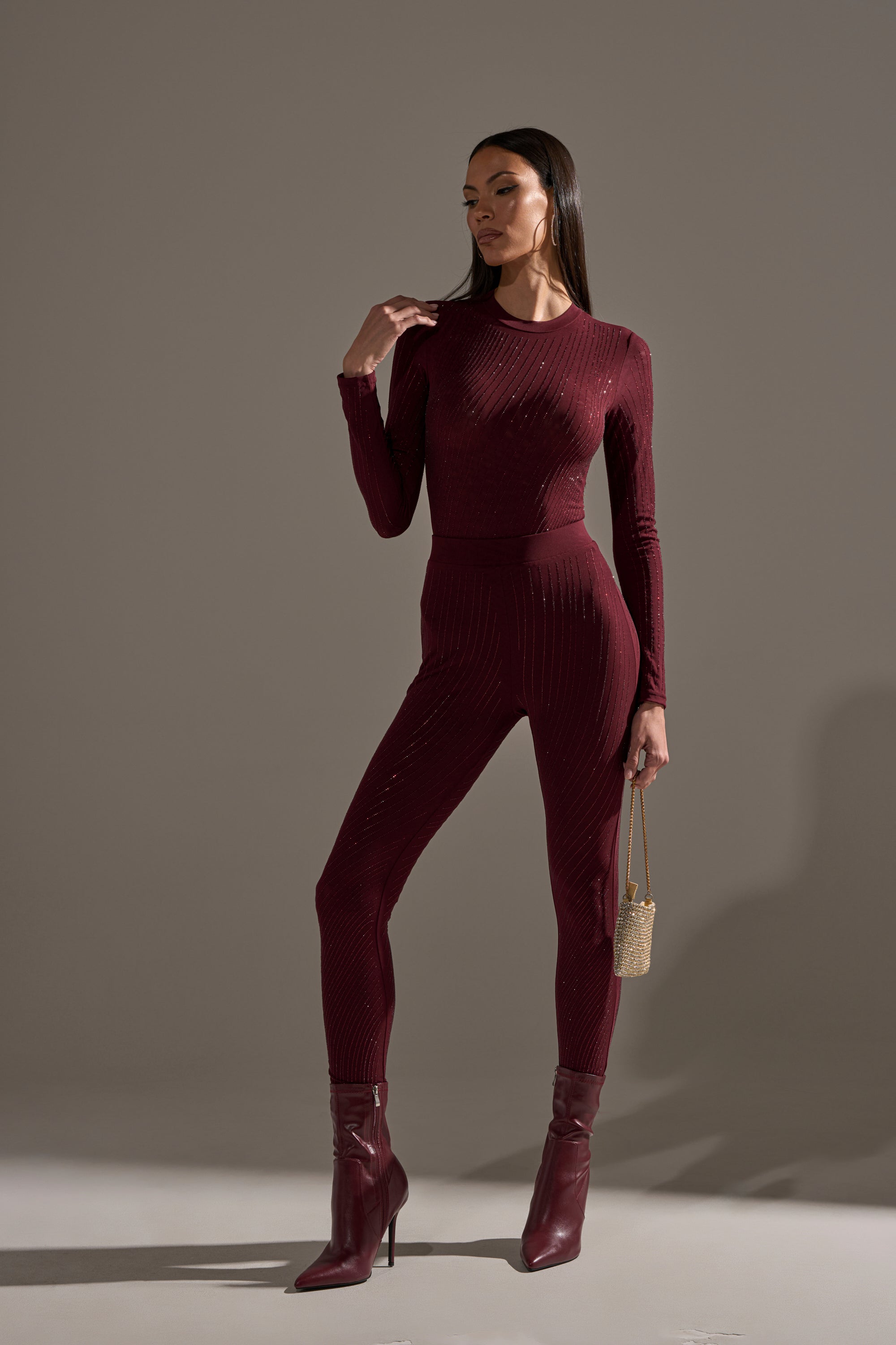 TWINKLING LIGHTS RHINESTONE MESH LEGGINGS IN BURGUNDY