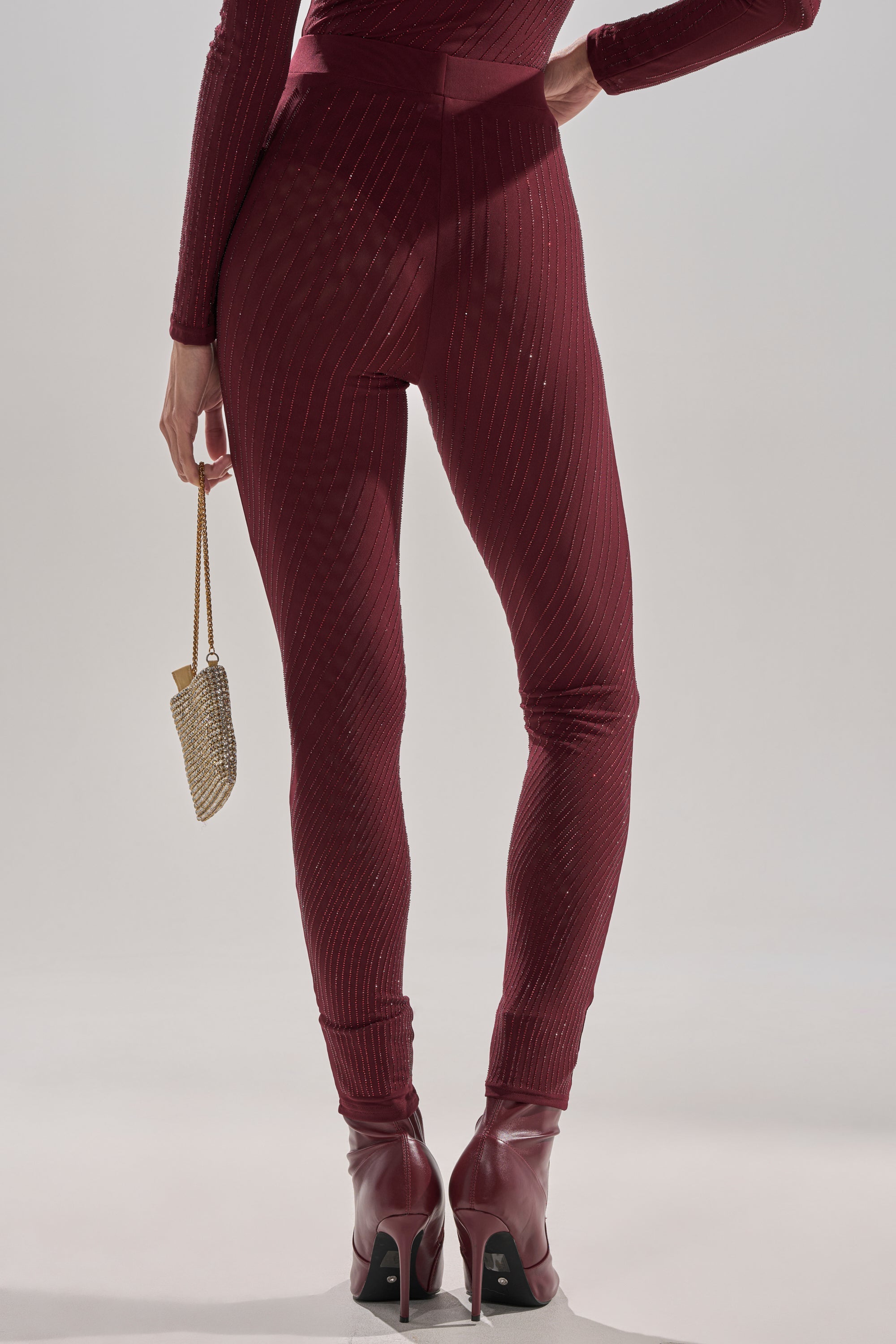 TWINKLING LIGHTS RHINESTONE MESH LEGGINGS IN BURGUNDY