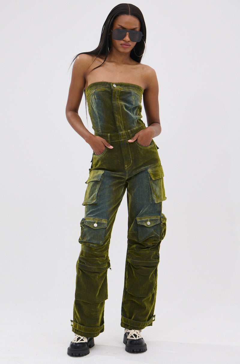 MIRA DISTRESSED VELVET DENIM JUMPSUIT