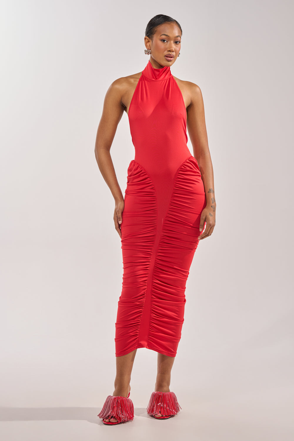 HIPS DON'T LIE RUCHED MAXI DRESS IN RED
