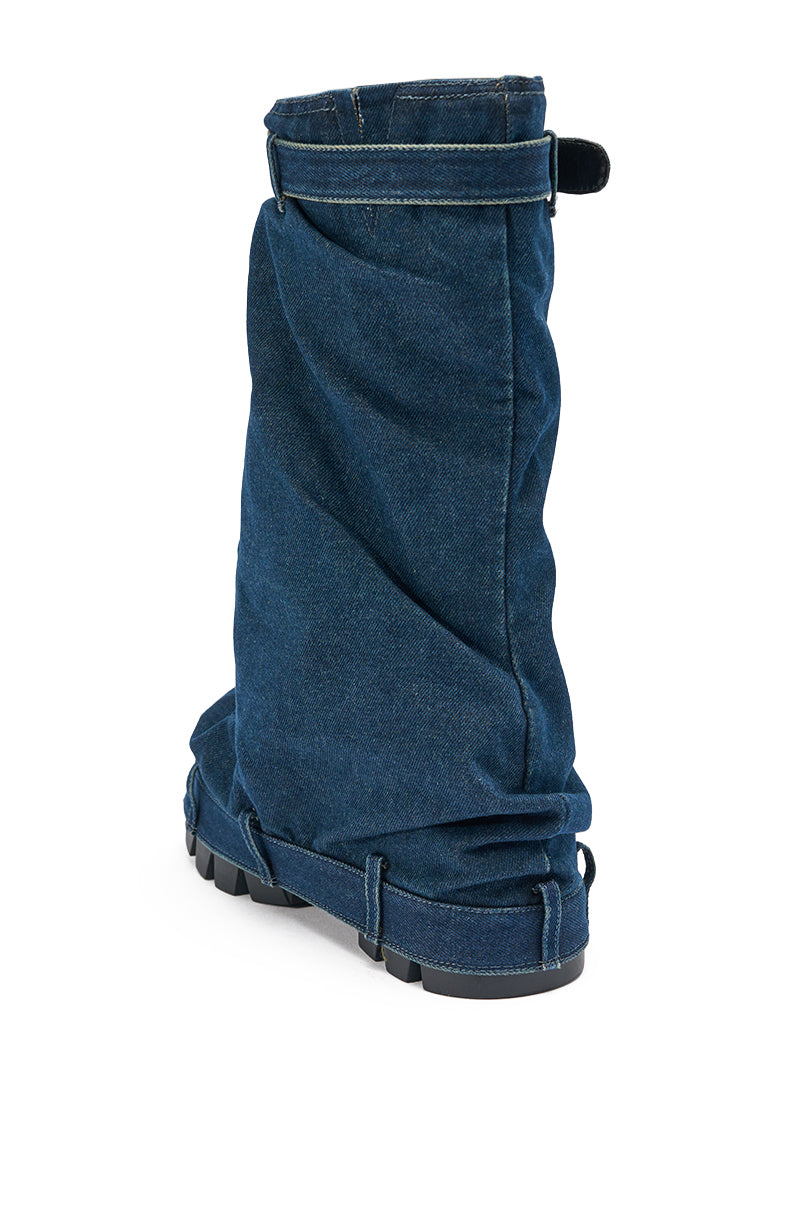 AKIRA GOLD ANGELA FOLD OVER PLATFORM BOOT IN DARK DENIM