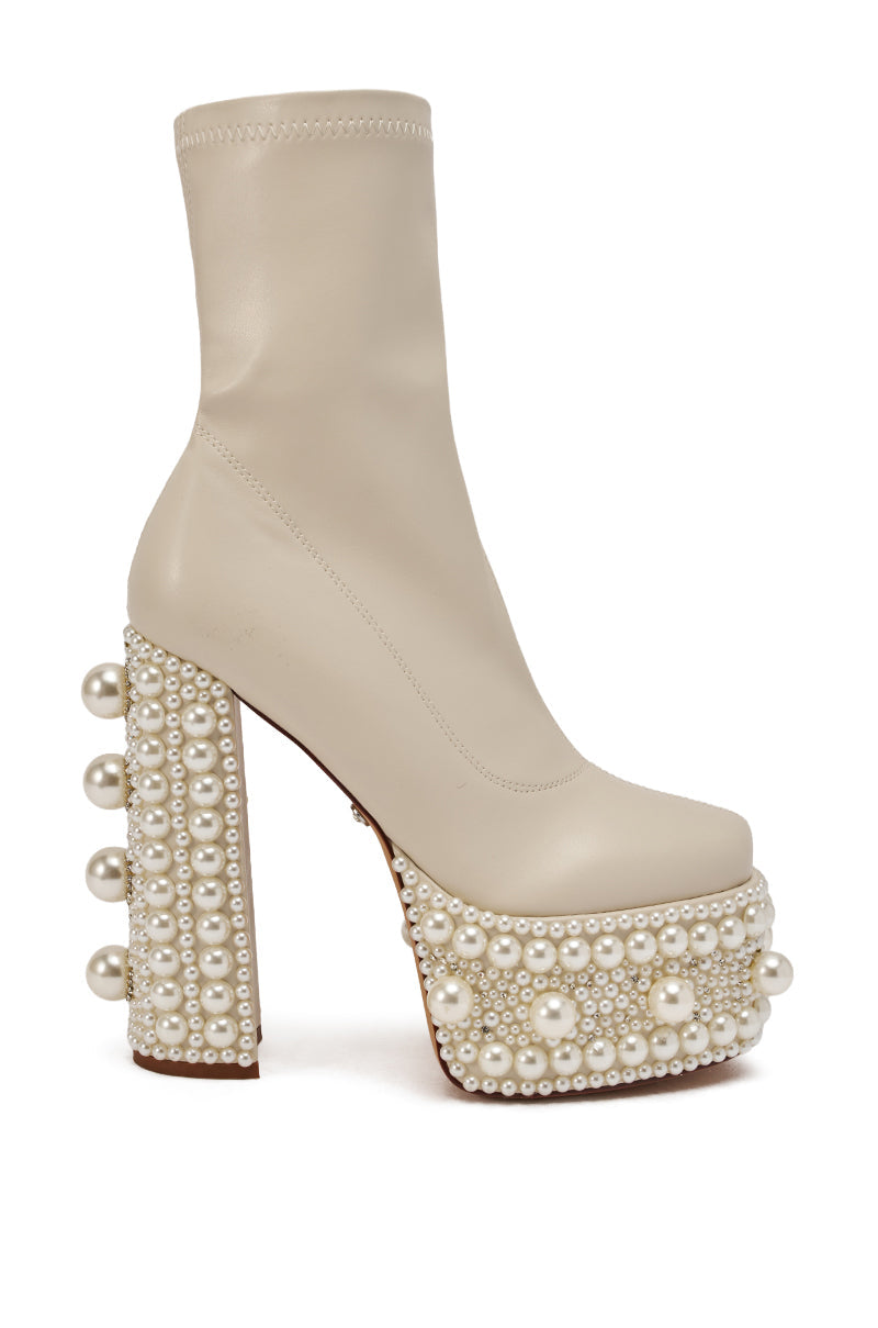 AZALEA WANG ANTARIS BEIGE PEARL DETAIL PLATFORM BOOTIE