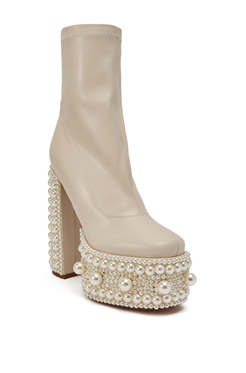 AZALEA WANG ANTARIS BEIGE PEARL DETAIL PLATFORM BOOTIE