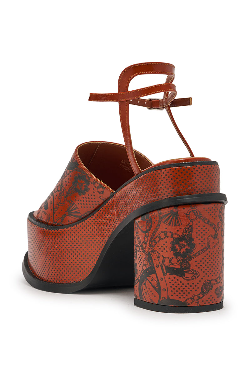 AZALEA WANG ANTHELMINE COGNAC PLATFORM SANDAL WITH TATTOO DETAILING