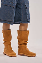 AKIRA GOLD BARTLETT TAN FLAT RUCHED BOOTIE