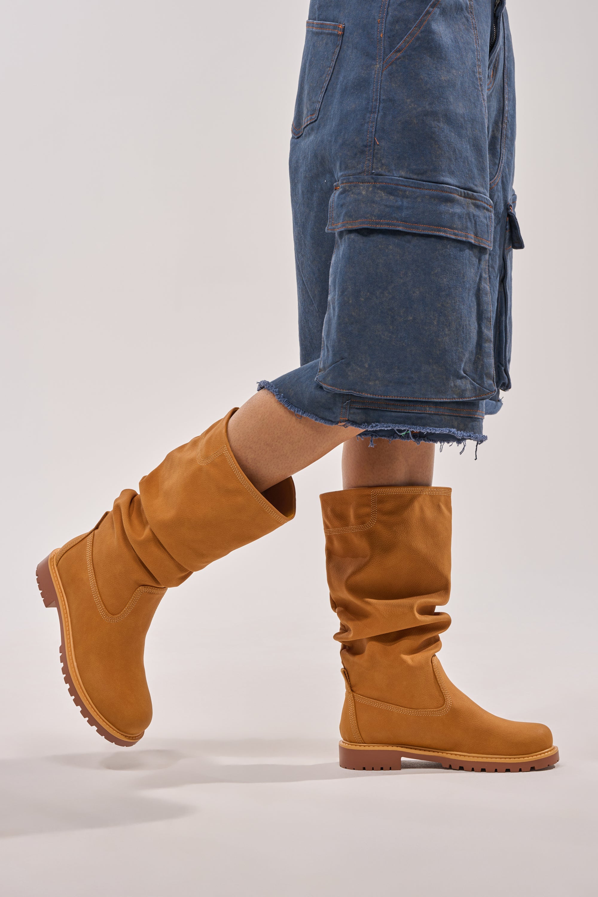 AKIRA GOLD BARTLETT TAN FLAT RUCHED BOOTIE