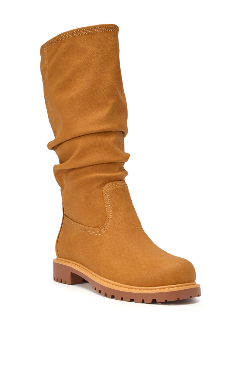 AKIRA GOLD BARTLETT TAN FLAT RUCHED BOOTIE